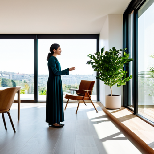 Home 4 A person, fully clothed in modest professional dress, stands in a bright, modern smart home interior in Lisbon, Portugal. The space features large windows letting in abundant natural light, integrated subtle smart home technology visible through glowing interfaces on walls or devices, and elements of biophilic design such as lush indoor plants and natural wood finishes. The atmosphere is serene and efficient. The image is a professional photograph, high quality, with perfect anatomy, correct proportions, natural pose, well-formed hands, proper finger count, and natural body proportions. safe for work, appropriate content, fully clothed, modest, family-friendly.