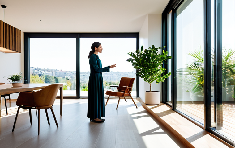 A person, fully clothed in modest professional dress, stands in a bright, modern smart home interior in Lisbon, Portugal. The space features large windows letting in abundant natural light, integrated subtle smart home technology visible through glowing interfaces on walls or devices, and elements of biophilic design such as lush indoor plants and natural wood finishes. The atmosphere is serene and efficient. The image is a professional photograph, high quality, with perfect anatomy, correct proportions, natural pose, well-formed hands, proper finger count, and natural body proportions. safe for work, appropriate content, fully clothed, modest, family-friendly.