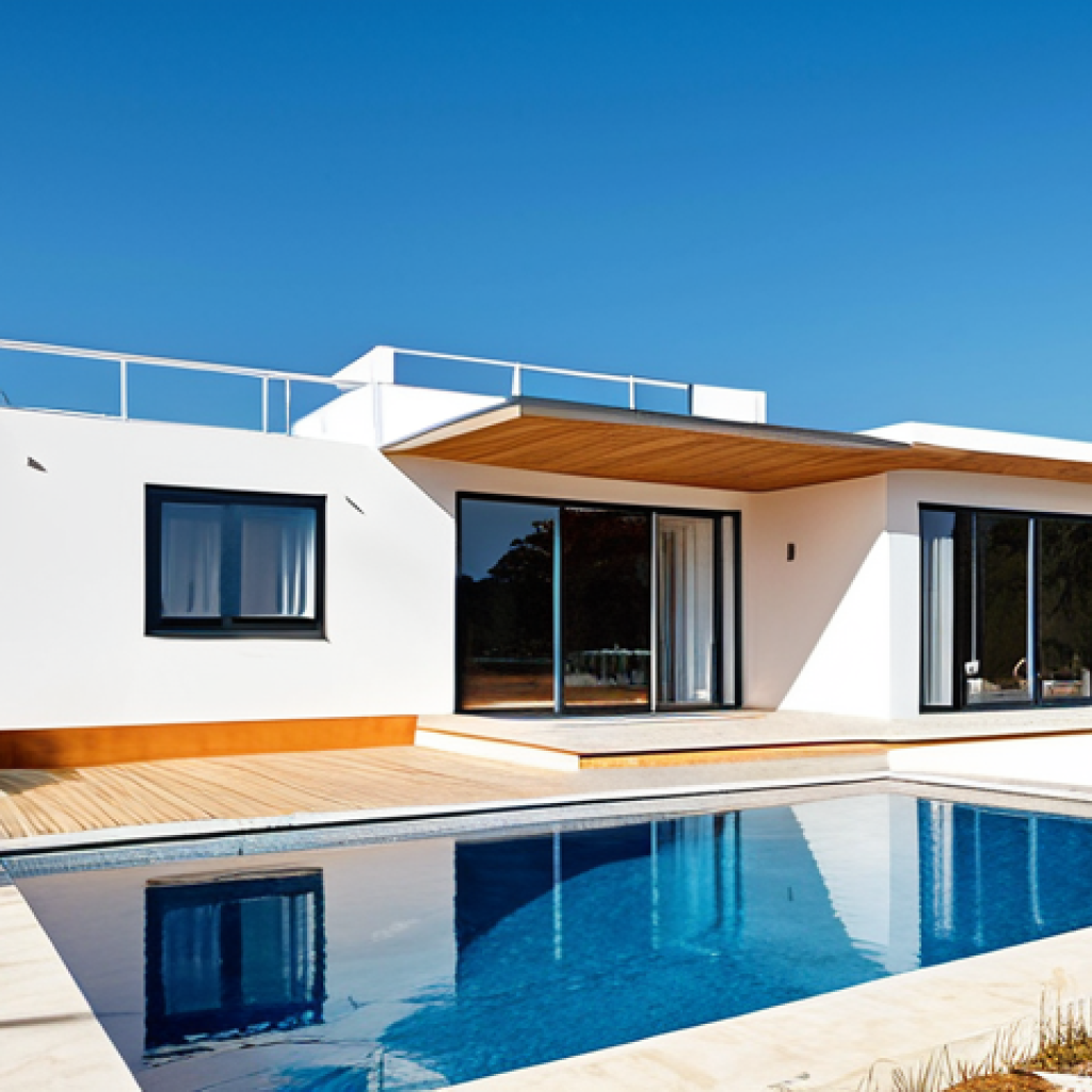 Modern Modular Home Exterior**

"A beautifully designed, modern modular home in the Algarve region of Portugal, fully clothed family is standing in front. The house features clean lines, large windows, and a sustainable design with solar panels. Natural lighting, blue sky background. Professional photography, high detail, perfect anatomy, correct proportions, natural pose, safe for work, appropriate content, fully clothed, modest, family-friendly."

**