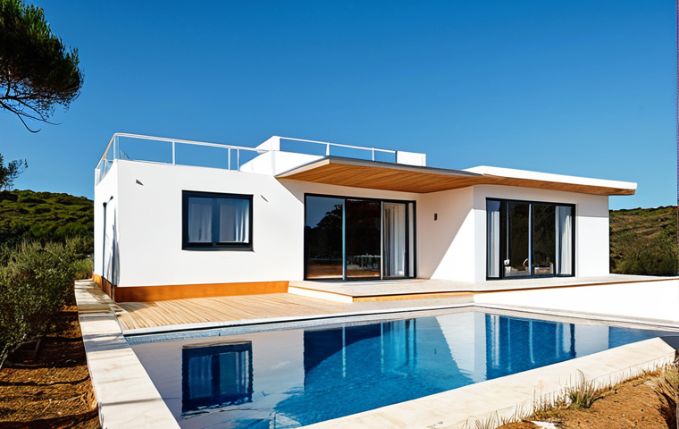 Modern Modular Home Exterior**

"A beautifully designed, modern modular home in the Algarve region of Portugal, fully clothed family is standing in front. The house features clean lines, large windows, and a sustainable design with solar panels. Natural lighting, blue sky background. Professional photography, high detail, perfect anatomy, correct proportions, natural pose, safe for work, appropriate content, fully clothed, modest, family-friendly."

**