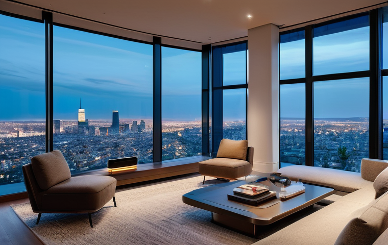 도시와 농촌의 주거 혁신 비교 - **Urban Smart Home: Seamless Connectivity and Comfort**
    A wide-angle interior shot of a contempo...