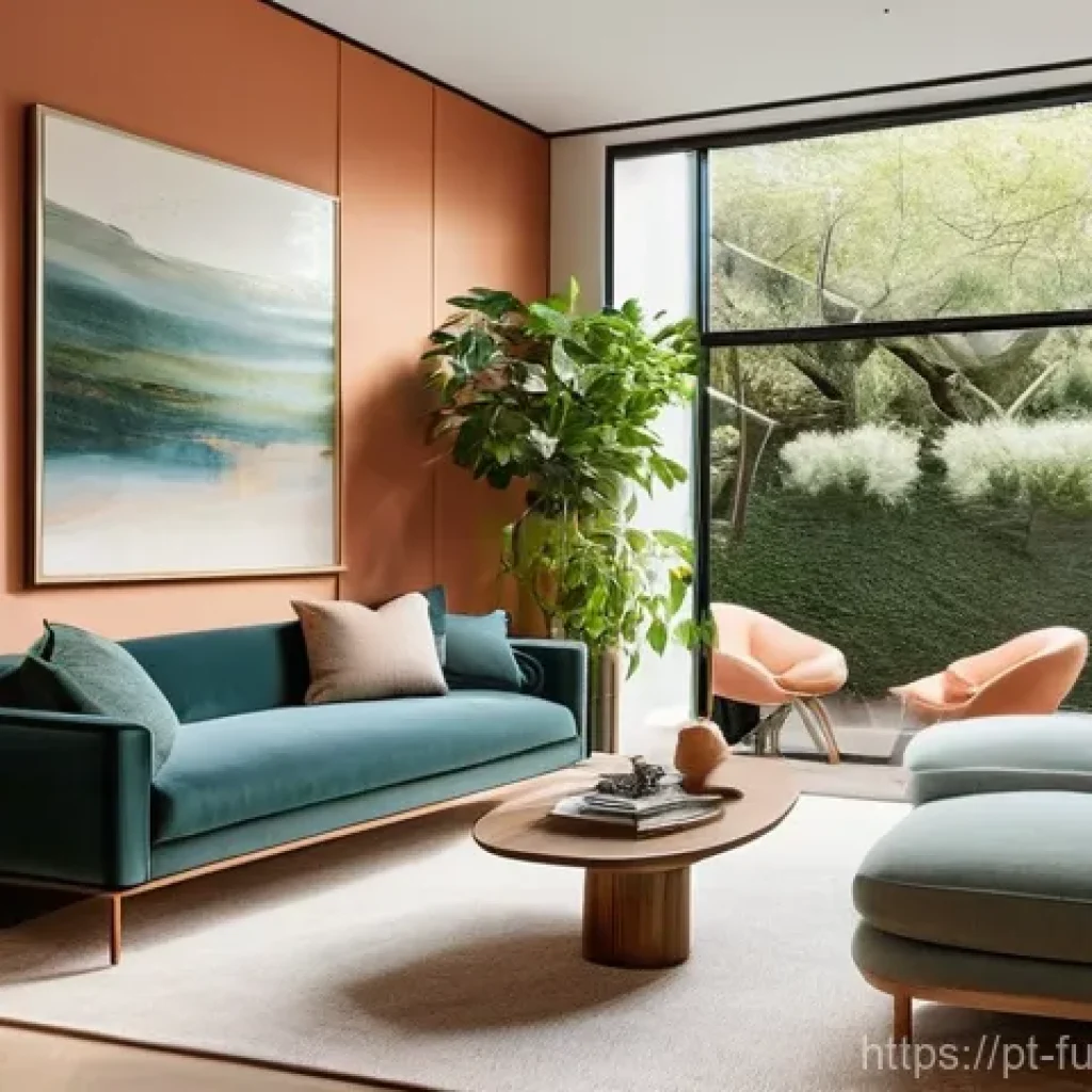 주택 설계에서의 최신 트렌드 - **Biophilic Living Room Oasis**: A bright, serene living room flooded with natural light from large,...