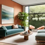 주택 설계에서의 최신 트렌드 - **Biophilic Living Room Oasis**: A bright, serene living room flooded with natural light from large,...
