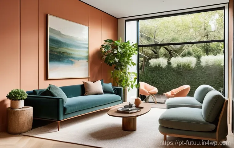 주택 설계에서의 최신 트렌드 - **Biophilic Living Room Oasis**: A bright, serene living room flooded with natural light from large,...