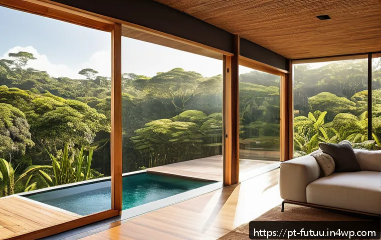 주택 디자인의 혁신과 지속 가능성 - A modern Brazilian eco-friendly home seamlessly integrated with lush native vegetation, featuring su...
