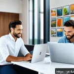 Home 23 미래 주택의 금융 모델과 차별성 - A modern real estate financing office in São Paulo, Brazil, showing a diverse group of young profess...