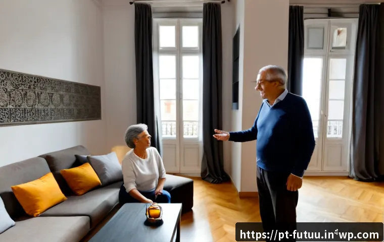 스마트 홈 기술의 발전 방향 - Photorealistic modern Lisbon apartment living room showing the future of smart home technology, an o...